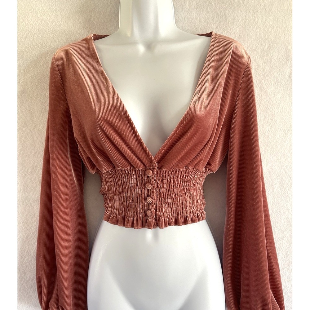 BohoChic Cropped Velvet Top M Lantern Sleeves Ruffle Hem Grunge Festival Peasant